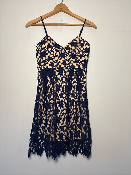 Francesca's Collections Dresses & Skirts - Francesca’s Navy Blue Lace Crochet Fit & Flare Dress Nude Lining Small Cocktail